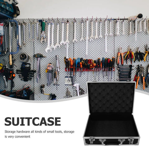Open Portable Aluminum Toolbox With Lock Sleek Rigid Case For Small Tools Hardware Gear on a storage wall filled with tools.