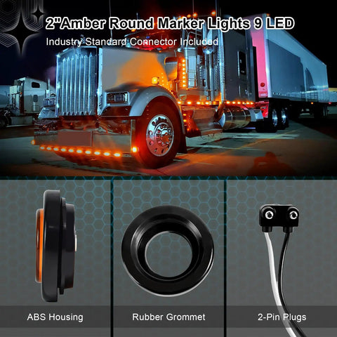 Amber 2 Inch Round Sealed LED Clearance Marker Light Kit With 9 Bright LEDs DOT Approved Reflective Trailer Side Mounted