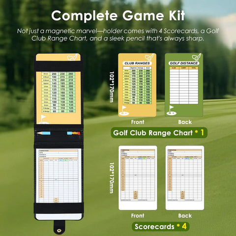 Magnetic Golf Scorecard Holder With Premium Leather All In One Design Blue Slim Back Pocket Carry Universal Fit For Most Scorecards Grab And Go Golf Bag Accessory With Secure Magnetic Attachment, shown open with scorecards and range chart on a golf course background.