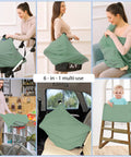 All In One Baby Car Seat Cover And Canopy With Breathable Buttery Soft Stretch Fabric Nursing Cover Stroller Shield Breastfeeding Privacy Ideal Shower Gift For Boys And Girls Kiddo Friendly Light Green shown in different uses including car seat, nursing, and stroller.