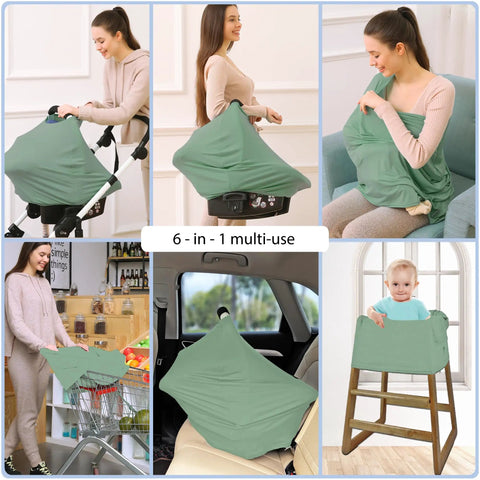 All In One Baby Car Seat Cover And Canopy With Breathable Buttery Soft Stretch Fabric Nursing Cover Stroller Shield Breastfeeding Privacy Ideal Shower Gift For Boys And Girls Kiddo Friendly Light Green shown in different uses including car seat, nursing, and stroller.