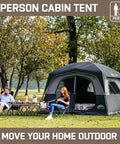 Roomy Six Person Camping Tent With Heavy Duty Blackout Layer Blocks Bright Morning Sun And Keeps Things Cool For Your Crew Includes Full Rainfly For Smooth Weekend Getaways, set up with campers enjoying drinks.
