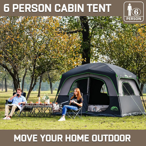 Roomy Six Person Camping Tent With Heavy Duty Blackout Layer Blocks Bright Morning Sun And Keeps Things Cool For Your Crew Includes Full Rainfly For Smooth Weekend Getaways, set up with campers enjoying drinks.