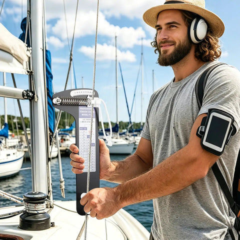 PT2 Sailboat Rigging Tension Gauge With Hands Free Operation Pro Grade Force Meter For Wire Rope And Standing Rigging Measures Three Sixteenths Seven Thirty Seconds And Quarter Inch Cables Up To Two Thousand Pounds on a sailor measuring rigging
