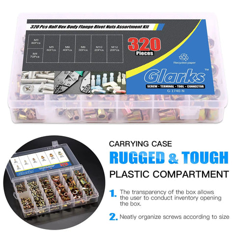 320Pcs Rivet Nut Assortment Kit M3 M4 M5 M6 M8 M10 M12 Half Hex Body Flange Rivet Nuts Zinc Plated Carbon Steel Flat Head Rivnut Set