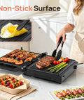 Svuineek 14 Inch Electric Indoor Grill With Panini Press Functionality 1600W Power grilling steak and veggies on a non-stick surface.