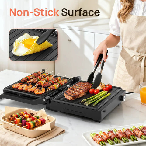 Svuineek 14 Inch Electric Indoor Grill With Panini Press Functionality 1600W Power grilling steak and veggies on a non-stick surface.