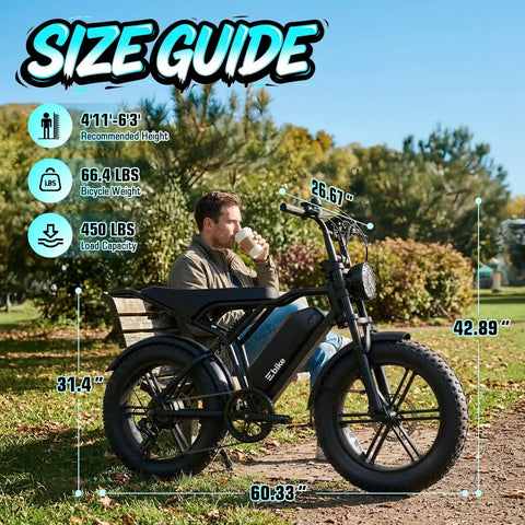 Person sitting on all terrain electric bike for adults with 1500W peak motor 48V 15Ah battery 60 mile range 20 inch wheel
