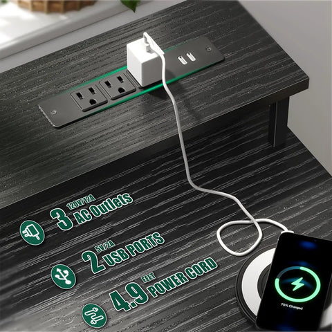 47 Inch Gaming Desk With Power Outlets And LED Lights showing 3 AC outlets and 2 USB ports on black surface
