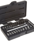 27 Piece 1/4 In Drive Pass-Thru Mechanics Tool Set With 6 Pt Sockets SAE Metric Standard GearRatchet System in black case