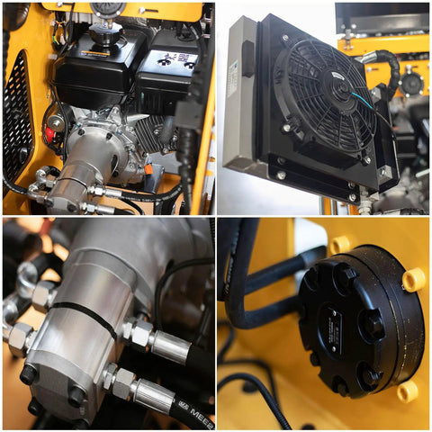 Close-up of engine and hydraulic components of Stand On Wheeled Mini Skid Steer Loader With Dual Pilot Controls for Construction.