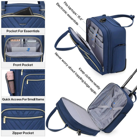 Underseat 16-Inch Carry-On Luggage With Wheels, Softside Rolling Travel Bag with compartments and pockets open showcasing storage