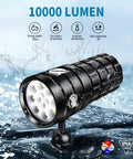 StarShine SR 10000 Lumens Dive Light in water, showing LED array, designed for underwater video and photography, IP68 waterproof.