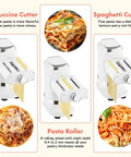 GVODE Electric Pasta Maker Machine, 3 In 1 Pasta Roller And Cutter Set, White showing fettucine and spaghetti cutters in use.