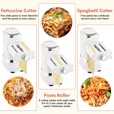 GVODE Electric Pasta Maker Machine, 3 In 1 Pasta Roller And Cutter Set, White showing fettucine and spaghetti cutters in use.