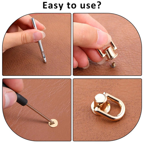 Heavy Duty 360 Degree Rotatable D Rings For Purses And Bags Includes Screws Punch Tool And Screwdriver Ideal For Crossbody Conversion Kits DIY Handbag Leather Straps Belts And Dog Collars In Light Gold, with tools and screw