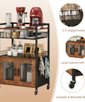 Rustic Brown Coffee Bar Cart on Wheels, 3 Tier Coffee Station Table With Pull Out Wire Basket Drawer, Five Hooks, Cabinet With Two Doors