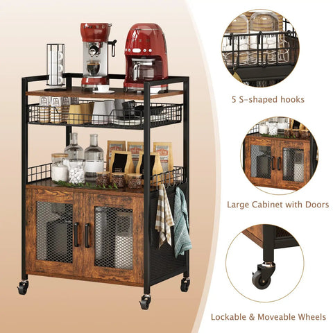 Rustic Brown Coffee Bar Cart on Wheels, 3 Tier Coffee Station Table With Pull Out Wire Basket Drawer, Five Hooks, Cabinet With Two Doors