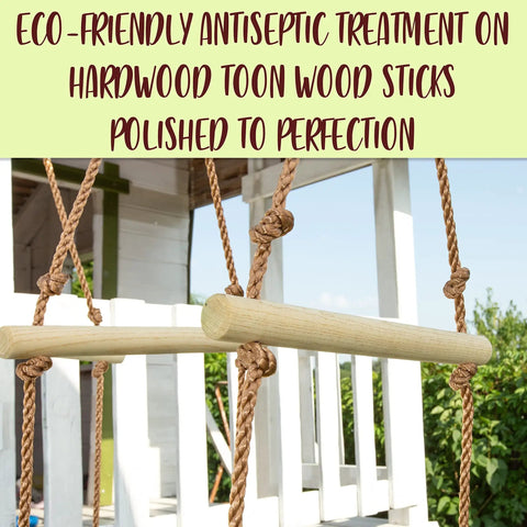 Backyard Ninja Rope Bridge Ladder showing polished hardwood dowels connected by ropes for obstacle course