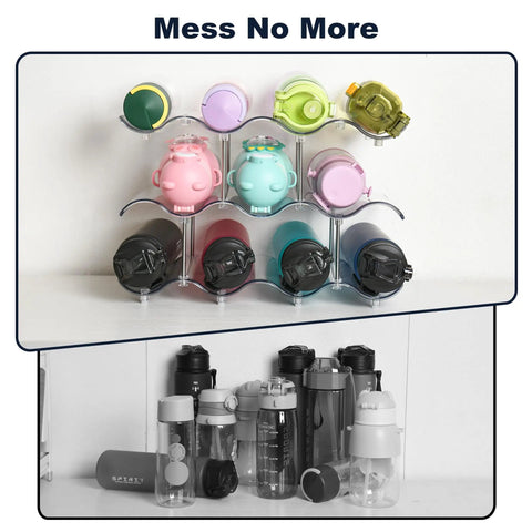 Three Tier Stackable Water Bottle Organizer With Large Compartments, Clear PET Bottle Holder in cabinet storing various bottles