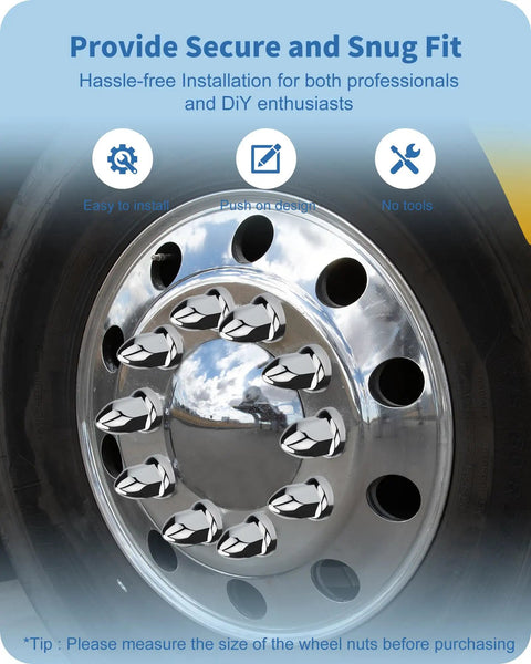 Semi truck wheel with 60 piece chrome lug nut covers for semi trucks 33mm fit two and a half inch tall push on ABS plastic