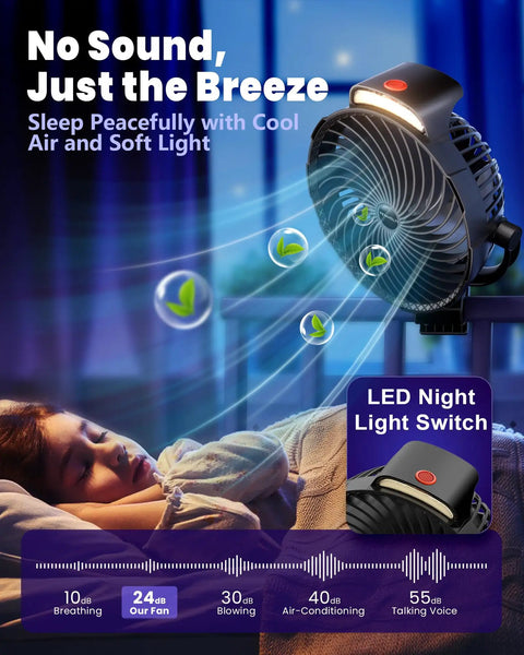 Rechargeable Clip On Fan 10000mAh, 8 Inch Portable Desk And Bedside Fan with LED light and ultra-quiet operation near sleeping child.