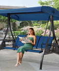 Woman sitting on Three Seat Patio Swing With Textilene Backrest, Two Cup Holders And An Adjustable Canopy For Backyard, Porch Or Garden.