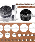 24 Piece Leather Circle Punch Set Pro Grade High Carbon Steel Hole Punch Kit For DIY Leather Crafts shown with measurements