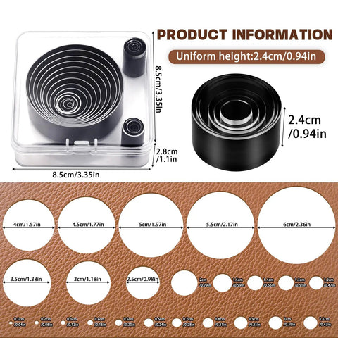 24 Piece Leather Circle Punch Set Pro Grade High Carbon Steel Hole Punch Kit For DIY Leather Crafts shown with measurements