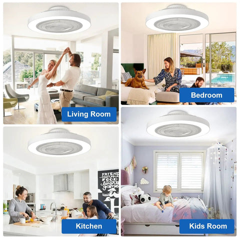 Bladeless Flush Mount Ceiling Fan With Light And Remote Control 19 Inch Low Profile DC Motor in different room settings