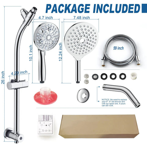 Rotatable Dual Shower Head With Handheld Combo For Family Use Kid Friendly Low Three Way Diverter Adjustable Slide Bar High Pressure Rainfall Spa Shower Four Point Seven Inch Hand Shower And Seven Point Five Inch Rain Shower Polished Chrome Finish package contents displayed