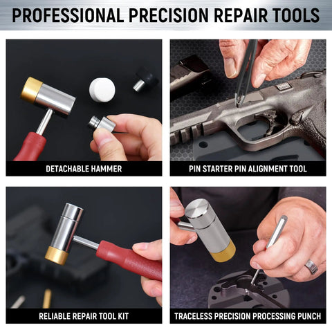 Pin Punch Set 40 Piece Steel And Brass With Hammer And Bench Block, showcasing detachable hammer and precision tools.