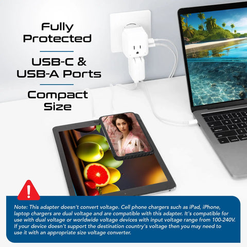 On The Go Multi Region Travel Power Adapter Kit with 2 US outlets in use, charging laptop and tablet via USB-A and USB-C ports