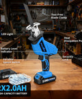 Cordless Reciprocating Saw Featuring Variable Speed Up To 3500 SPM For Smooth Tear Through Steel And Lumber Comes With Twin 2 Ah Batteries For Legit Heavy Duty Job Site Grind showing features like LED, tool-free blade clamp, and batteries.