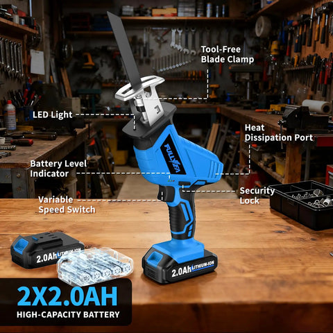 Cordless Reciprocating Saw Featuring Variable Speed Up To 3500 SPM For Smooth Tear Through Steel And Lumber Comes With Twin 2 Ah Batteries For Legit Heavy Duty Job Site Grind showing features like LED, tool-free blade clamp, and batteries.