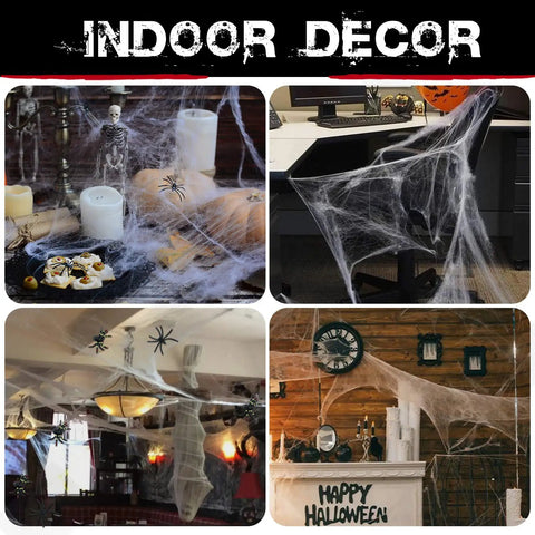 1000 Square Feet Spider Web Halloween Decor with 30 Fake Spiders White Cobweb Mesh creates indoor spooky scenes with realistic texture.