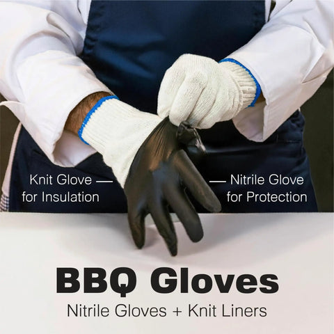 Person putting on Dual Layer Heat Defense BBQ Gloves For Grilling And Cooking Non Slip Nitrile Grip Ambidextrous Oven Mitts