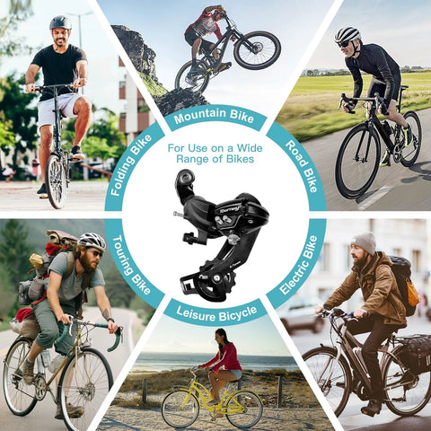 6/7 Speed Bike Rear Derailleur With Direct Mount For Mountain And Road Bikes RD TY300 Compatible displayed with various bike types
