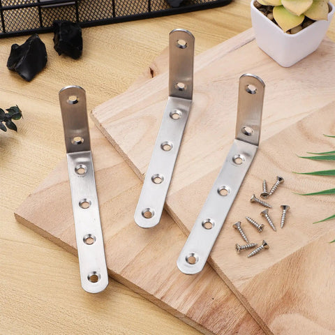 Heavy Duty L Shaped Shelf Brackets For Wood Shelves Stainless Steel 10 Pack on wood surface with screws