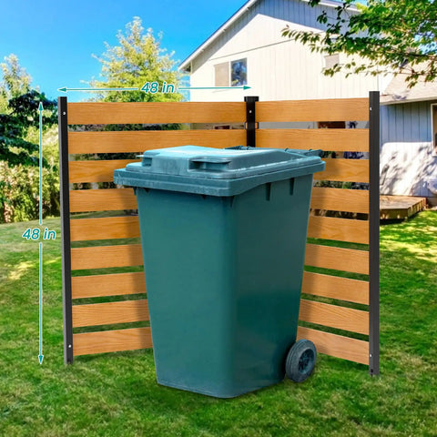 Privacy Screen Fence Outdoor Two Panels 48 Inch Wide 48 Inch High Wood Enclosure For Air Conditioner No Dig Pool Equipment Outdoor Hider And Trash Can Shelter Garden Privacy Screen providing cover for a green trash can on grass with a house in the background.