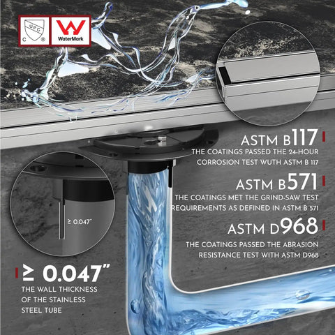 12 Inch Linear Shower Drain Kit With Rectangular Floor Drain Reversible 2-In-1 Cover Tile Insert Grate And Removable SUS304 Stainless Steel Brushed Finish CUPC Certified with water flow detail