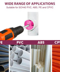 Six Piece PVC Pipe Reamer Kit for SCH40 fittings in use with a drill, suitable for PVC, ABS, CPVC materials.