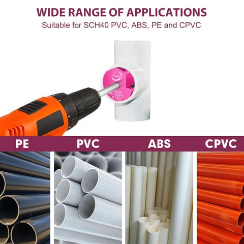 Six Piece PVC Pipe Reamer Kit for SCH40 fittings in use with a drill, suitable for PVC, ABS, CPVC materials.