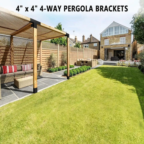 Beefy Four Way Right Corner Pergola Brackets Kit For 3.5 Inch Wood Beams 4x4 Posts With Hardware Heavy Duty Steel Black Powder Coated For Patio Gazebo And Log Cabin