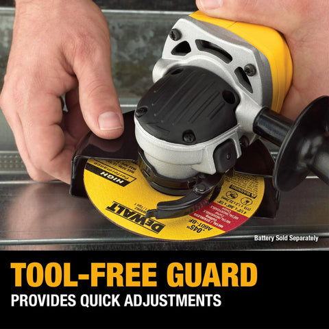 Front view of DEWALT 4-1/2-inch angle grinder with yellow guard and black handle (tool-only)