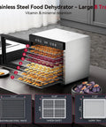 Compact Food Dehydrator Machine With Eight Stainless Steel Trays And Six Hundred Fifty Watt Motor Adjustable Up To One Hundred Sixty Seven Degrees Fahrenheit Plus Forty Eight Hour Timer, displaying trays with dried fruits.