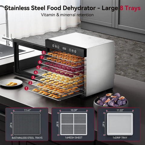 Compact Food Dehydrator Machine With Eight Stainless Steel Trays And Six Hundred Fifty Watt Motor Adjustable Up To One Hundred Sixty Seven Degrees Fahrenheit Plus Forty Eight Hour Timer, displaying trays with dried fruits.