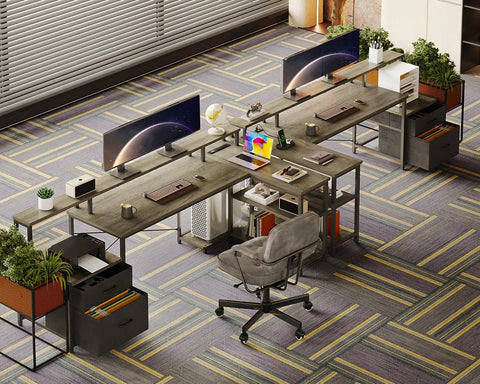 75 Inch L Shaped Desk With File Drawers And Power Outlet For Home Office, featuring multiple monitors and storage shelves in modern setup