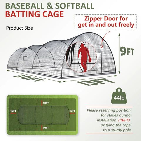 Backyard Baseball Batting Cage 30x13x9 Ft with zipper door for easy access, shown with dimensions and ground stakes position.