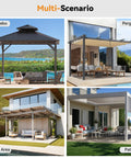 Collage of four outdoor settings including gazebo, pergola, pool area, and patio, showcasing versatile use of structures.
